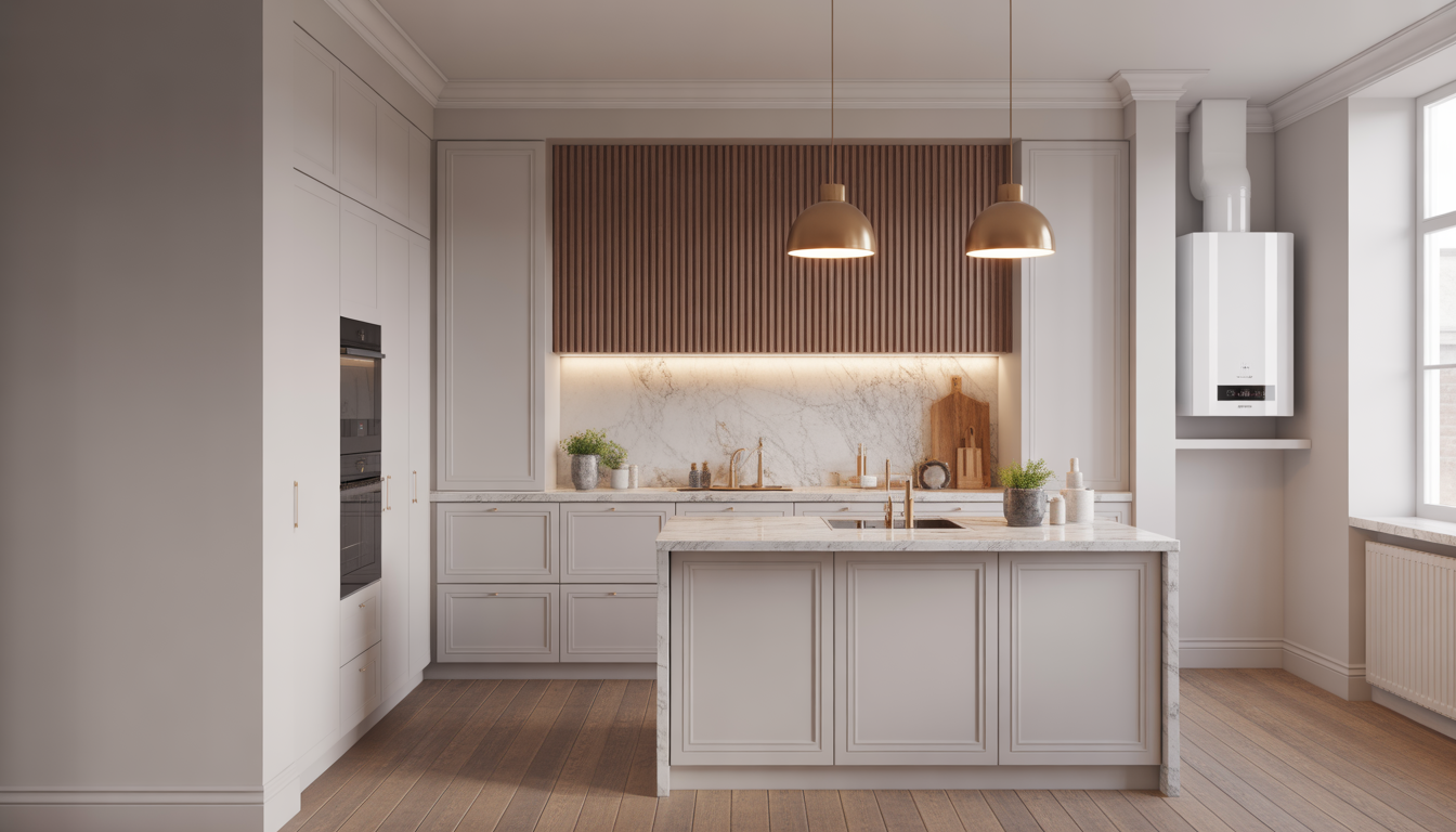 Wall-mounted gas boiler in a modern home kitchen